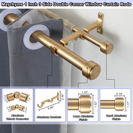 Mayrhyme Warm Gold Double Corner Window Curtain Rods with Aluminum End Cap Finials and Brackets,1 Inch Diameter Dual Bay Window Curtain Rods, Adjustable 2 Sided 32-58" and 32-86 Center Double Rod