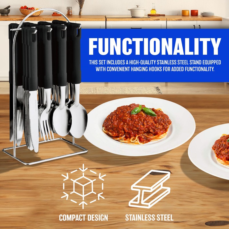 24pc Black Cutlery Dinner Tableware Set - Stainless Steel |