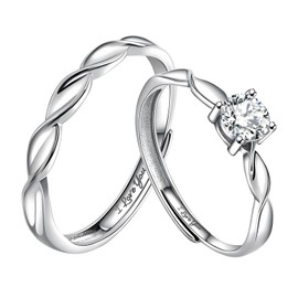 Whoiy Engagement Ring Pair Ring Set Silver 925 Couple Rings for Him and Her Set with I Love You Engraving, Adjustable Promise Engagement Ring Wedding Ring, Couples Open Wedding Rings Band Ring with