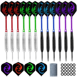 Hmeuest Darts, 12 Pack Prefessional Darts Set, 23 Grams Steel Tip Dart, 4 Color Premium Aluminum Shafts and PET Flights, 12pcs Rubber O-ring, for Beginner or Professional