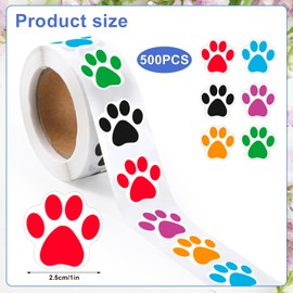 500pcs / Roll Dog Paw Print Stickers for Kids, 1" Self-Adhesive Colorful Cute Dog Cat Paw Print Stickers Roll, Puppy Paw Decals for Bottles Laptops Envelope Seals DIY Crafts