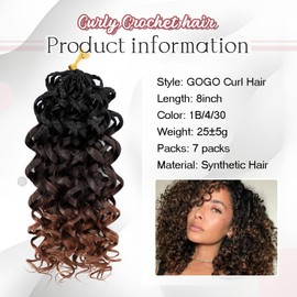 7 Packs Gogo Curl Crochet Hair for Women 8 Inch Pre-Twisted Curly Crochet Hair Pre Looped Deep Ocean Water Wave Beach Curl Crochet Braids Synthetic Braiding Hair Extensions (8 Inch, 1B/4/30)