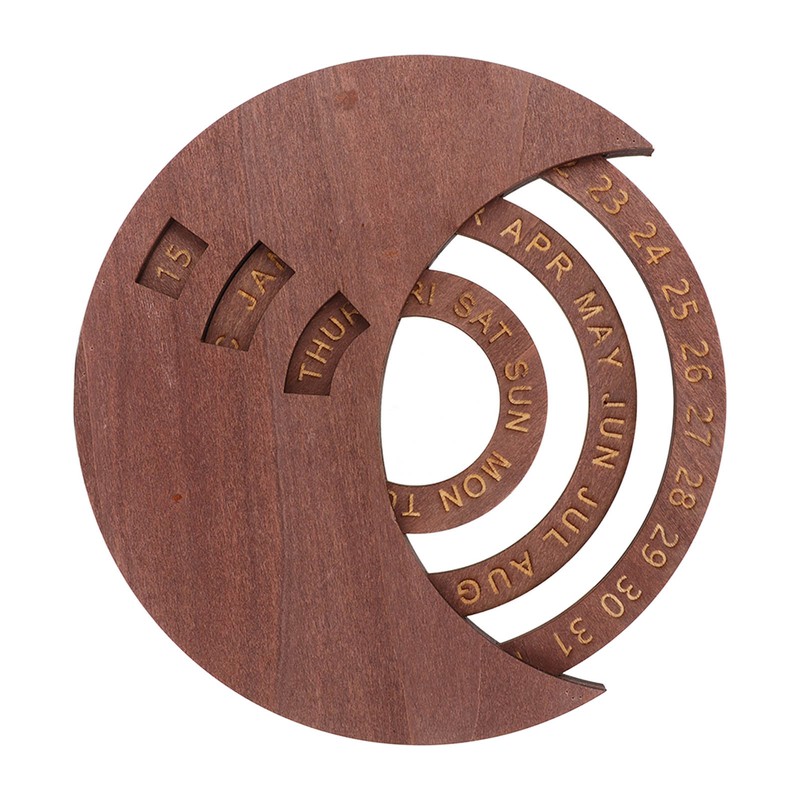 Wooden Disc Calendar Dark Brown Rotatable Disc Natural Wood Vintage