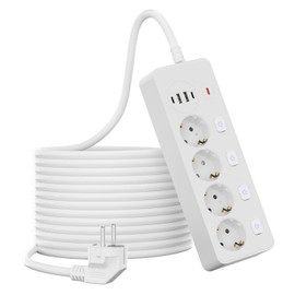 4-Way Power Strip with 2 USB A and 2 Type-C Quick Charging Ports, Multiple Socket with Individual Switch, Distribution Socket with Surge Protection for Kitchen Table Top Home, Office, White