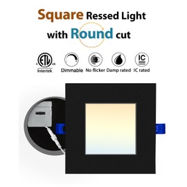 Adetu 6 Pack 6 inch Square Led Recessed Lighting Black,5CCT Ultra Thin Square Led Ceiling Light with Junction Box, 2700K/3000K/3500K/4000K/5000K Selectable,Dimmable,ETL and Energy Star Certified