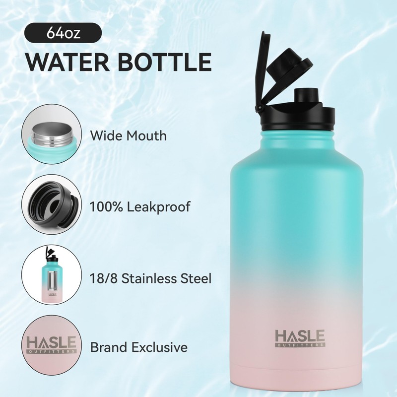 HASLE OUTFITTERS Half Gallon Insulated Water Bottles 64 oz, Stainless