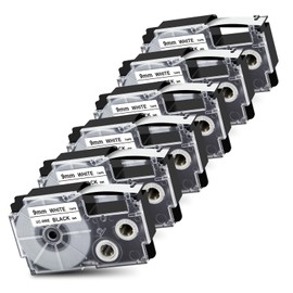 Pristar Replace for Casio XR-9WE XR9WE XR-9WE2S 9mm Labeling Tape 3/8" Black On White Label Tape Compatible with Casio EZ Label Printers KL-60 KL-100 KL-120 KL-430 KL-750 KL-780 KL-7200, 6-Pack