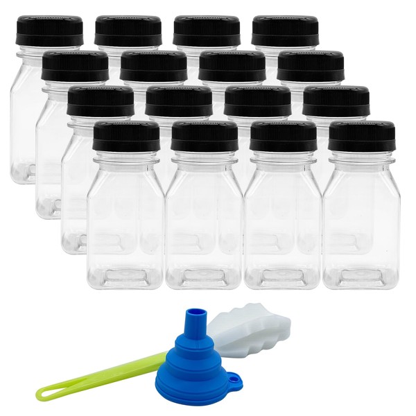 WAIZHIUA 16Pcs 125ml Plastic Juice Bottles Small Clear PET Bottles Empty Reusable Drink Bottles Containers with Caps Brush Funnel for Juice Milk Smoothie Water Homemade Beverages, Transparent