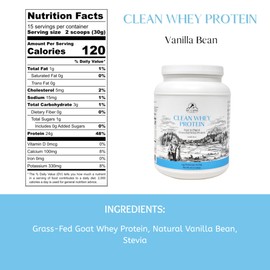 Mt. Capra Clean Whey Protein | Grass-Fed Undenatured Goat Whey Protein Powder | 24 g Protein Per Serving, All Natural, Non-GMO, High in Branch Chain Amino Acids | Vanilla Bean | 15 Servings - 16 oz