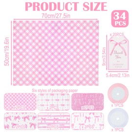 Hidaily 34Pcs Pink Bow Wrapping Paper Set, 12 Sheets Pink Bow Gift Wrap Paper with 20Pcs Tags 2Pcs Ribbon for Valentine Wedding, DIY Crafts Paper, Baby Shower Supplies (19.7 x 27.6 Inch)