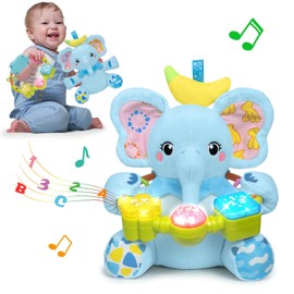 Holaxander Baby Bilingual Stuffed Animals Elephant Toy with Grasp Ring,Crinkle Sound Paper,Squeaker,Teether and Music for Baby Early Education Toys for 0-6-12+ Months Boy Gifts,Blue