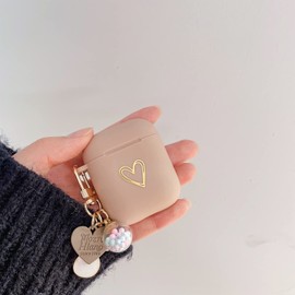 Fycyko Kompatibel mit AirPods 2 & 1, Herz Muster mit Niedlicher Glücksball Airpods Case mit Schlüsselanhänger Stoßfeste AirPods Schutzhülle für Mädchen Frau für Airpods 2 & 1-Braun