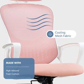 DUMOS Home Office Desk Ergonomic Computer High-Back Mesh Rolling Work Task Chairs with Wheels and Adjustable Headrests, Comfy Lumbar Support, Armrest for Bedroom, Gaming, Pink
