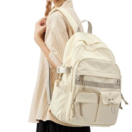 SEAFEW School Backpack for Women Men College High School Bag Boys Girls Lightweight Laptop Bookbag Water Resistant Casual Daypack for Travel Work A4- Beige