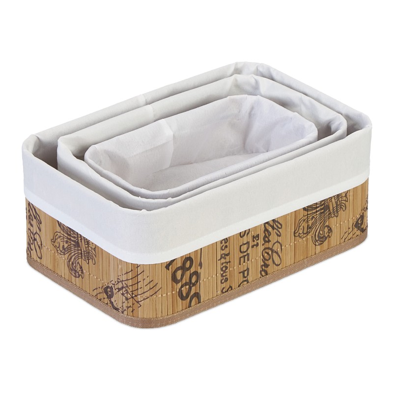 Relaxdays Set of 3 Bamboo Storage Baskets with Fabric Cover,