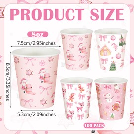 Bokon 100 Pcs Christmas Pink Bow Party Paper Cups Bulk 8 oz Pink Coquette Christmas Disposable Coffee Cups for Xmas Party Supplies