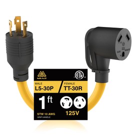 M1A2 Heavy-Duty 30 amps Generator to RV Adapter L5-30P Twist Lock Male to TT-30R Female, 1 Foot Heavy Duty STW 10 AWG for Generator to Trailer Camper