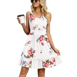 LILBETTER Women's Casual U Neck Summer Dress Pleated Knee Length Beach Dresses(F White, Small)