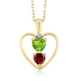 Gem Stone King 18K Yellow Gold Plated Silver Green Peridot Red Garnet and White Topaz Pendant Necklace For Women (0.84 Cttw, Gemstone August Birthstone, Heart 5MM and 4MM, with 18 Inch Silver Chain)