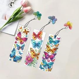 3 Pcs 5D Diamond Painting Bookmarks for Book Lovers, Handmade DIY Butterfly Diamond Art Bookmarks with Crystal Pendant, Graduation Birthday (Pink-01)