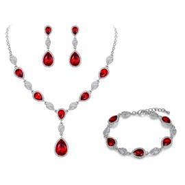 EleQueen Women's Wedding Bridal Jewelry Sets for Brides Bridesmaids, Cubic Zirconia Teardrop Necklace Tennis Bracelet Dangle Earrings Jewellery Set Ruby Color