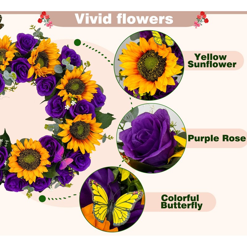 SUHOOKOO Cemetery Wreaths for Grave Decoration,Golden Sunflower and Purple Rose,