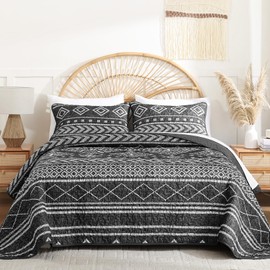 Yiran Quilt Set King Size Black and White, Boho Aztec Bedspreads Bedding Set, Bohemian Stripe Farmhouse Lightweight Coverlet Set with 2 Shams for Bed 106x90 Inch
