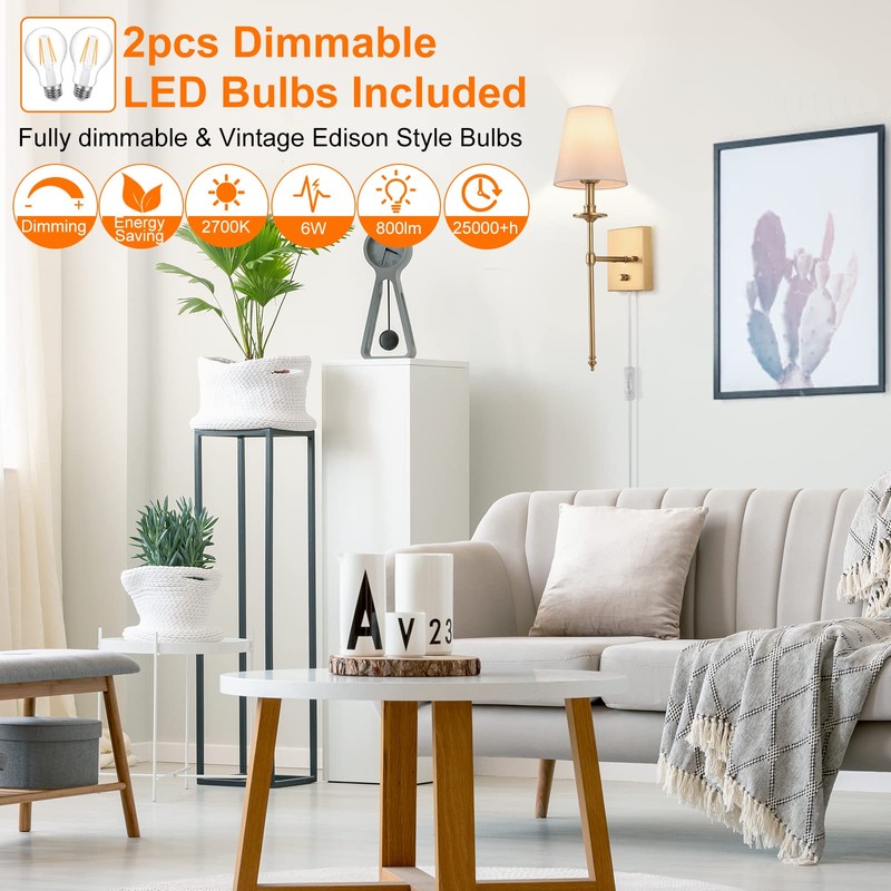 Dimmable Wall Sconces Set of Two, Plug in Wall Sconces