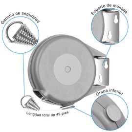 Tendedero Retráctil, Tendedero de Pared Exteriores e Interiores, Tendedero Ropa Ajustable 15 Metros con 6 Clips, Ahorra Espacio y Fácil Instalación, Tendedero Extensible para Balcón, Patio, Hotel-Gris