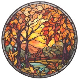 Fall Faux Stained Glass Window Cling, Fall Stained Glass Window Cling, Stained Glass Static Cling, Fall Leaves Sun Catcher, Autumn Decor, Fall Scene Window Cling (One - 8inch Window Cling)