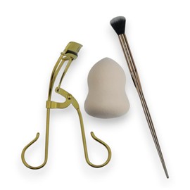 Gold Beauty Bundle - Sponge, Gold Tapered Blending Brush, and Gilded Gold Eyelash Curler Set for a Flawless Look
