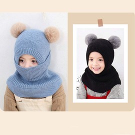YONKOUNY Children's Girls Winter Hat Warm Cute Slip-On Hat with Bobble Beanie Knitted Hat Scarf Hat Fleece Hat, black