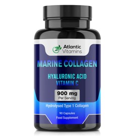 Marine Collagen 900 mg - High Strength 90 Capsules Collagen with Hyaluronic Acid and Vitamin C for Skin, Joints and Hair - Type 1 Hydrolyzed Collagen Supplements for Women & Men - Atlantic Vitamins