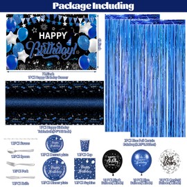 Blue and Black Birthday Decorations for Men Boys Women 131 PCS Navy Blue Birthday Party Supplies Includes Blue Black Happy Birthday Banner Balloons Tablecloth Foil Curtains Tableware Set Plates Napkin