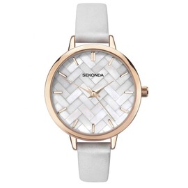 Sekonda Women's Rose Gold Plated Mother of Pearl Dial White Leather Strap Watch 2825