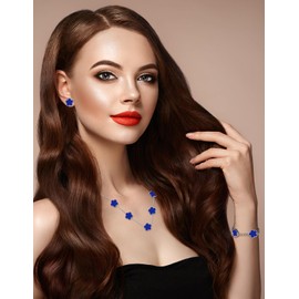 JIEMUCHU Gold Plated Stainless Steel Four Leaf Clover Bracelet, Necklace and Stud Jewelry Set for Women (Dark Blue-White Gold Plated)