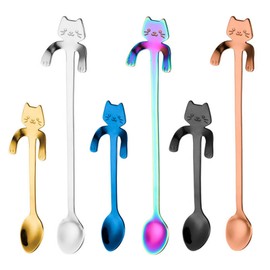 Cat Spoon Coffee Teaspoon, PBIEHSR Stainless Steel Hanging Cup Tea Spoon Two Different Lengths Dessert Scoop for Stirring Drink Mixing Milkshake Jam, Set of 6 (Multicolor)