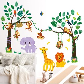 DECOWALL SG-2209 Jungle Tree Animals Kids Wall Stickers Monkey Elephant Giraffe Decals Removable for Nursery Bedroom Living Room Art Mural Decoration