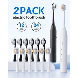CindyLary 2 Pack Electric Toothbrush for Adults and Kids - Rechargeable Kids Ages 12+ and Adults with 12 Brush Heads & 2 Electric Toothbrush, 90 Days Battery Life - Black and White
