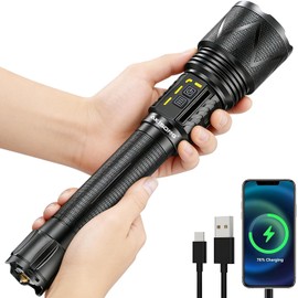 70W XHP360 Rechargeable Tactical Flashlight, 10000 Lumen High Power Zoomable Super Bright LED Flash Light with USB Output, Large Capacity Dual Powered IPX5 Waterproof for Emergencies, Camping, Hunting