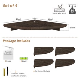 Forbena Floating Corner Shelves for Wall Set of 4, Small Corner Bookshelf for Bedroom Books, Round Wooden Corner Shelf Wall Mount for Bathroom Plants, Kitchen, Living Room Decor (Dark Brown)