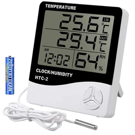 Termómetro Higrómetro con Sonda Cable 1.5 m - Monitor de Temperatura y Humedad Interior Exterior Con Pantalla LCD | Reloj de Alarma | Registros Max/Min -Termómetro e higrómetro Para Hogar Oficina