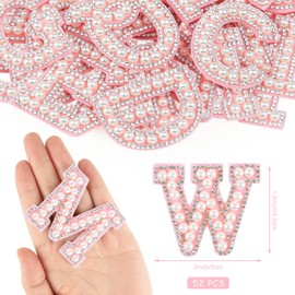 Morcheiong 52Pcs Pearl Rhinestone Letter Patches Self Adhesive A-Z, Stick on Pearl Letter Patches for Clothes, Fabric, Backpack (Pink)