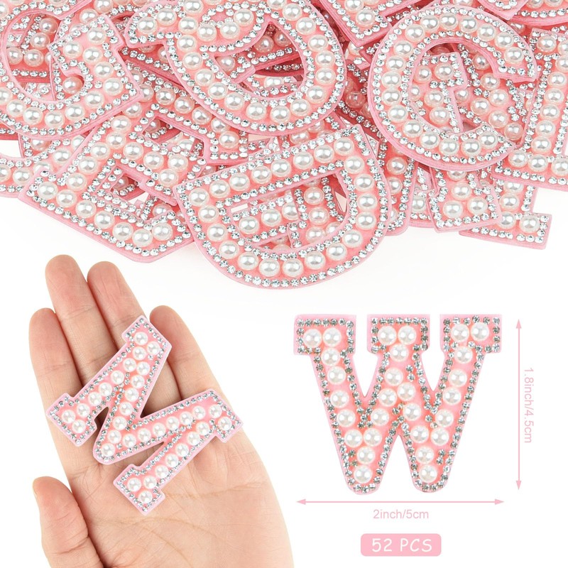 Morcheiong 52Pcs Pearl Rhinestone Letter Patches Self Adhesive A-Z, Stick