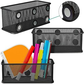 Mesh Magnetic Storage Baskets - Set of 3 (Black) with Anti-Slip Feature and Strong Magnets - Magnetic Locker Organizer and Pencil Holder for Whiteboard and Refrigerator (Black-3 pcs)