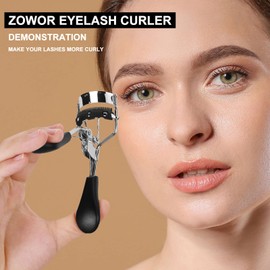 Zowor Rizador de pestañas con peine que se adapta a todas las formas de ojos, rizador de pestañas curvado, natural y de larga duración para mujer, regalo de maquillaje (negro)
