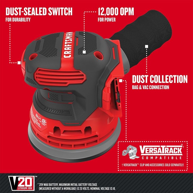 CRAFTSMAN V20 Orbital Sander, Cordless, 12,000 OPM, Bare Tool Only