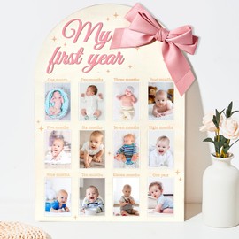 3D Pink Bow My First Year Photo Frame Board Monthly Milestone Wooden Display Board Coquette 1st Birthday Girl Decorations Baby’s First Year 12 Months Sign Nursery Decor Keepsake Baby Shower Gifts