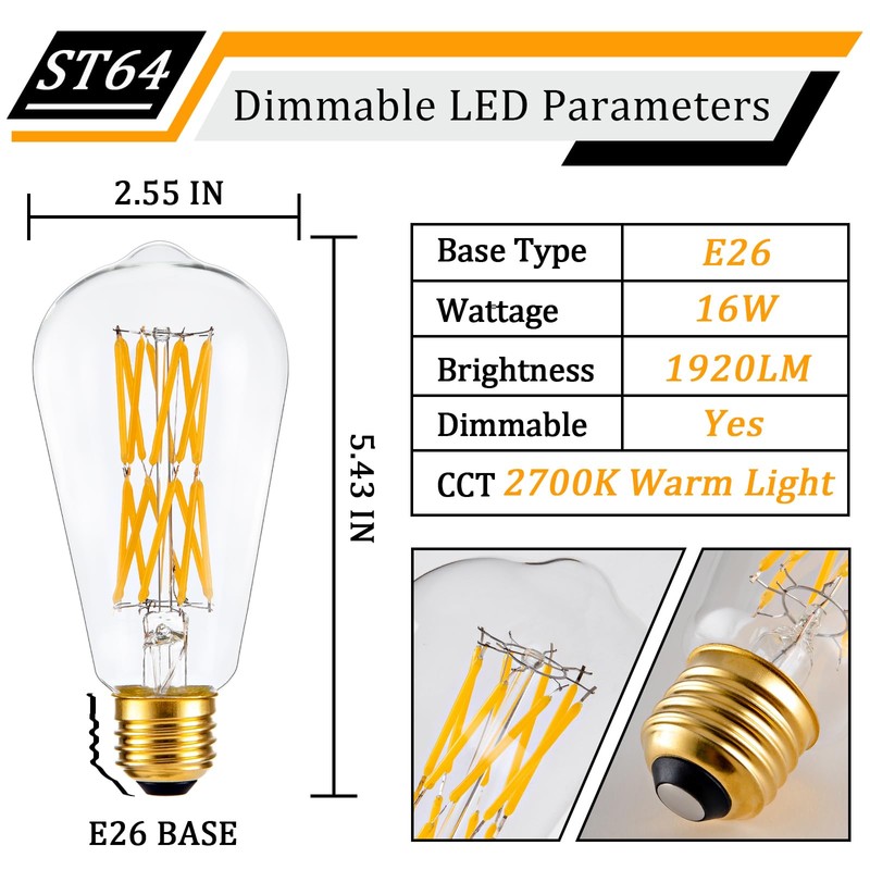 CREATE BRIGHT Vintage ST64 16W Dimmable Led Edison Bulbs 2700K