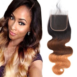 DUAUJUIU Ombre Body Wave 4x4 Lace Closure Human Hair 1B 4 27 Blonde and Brown Hair Closure 14 Inch